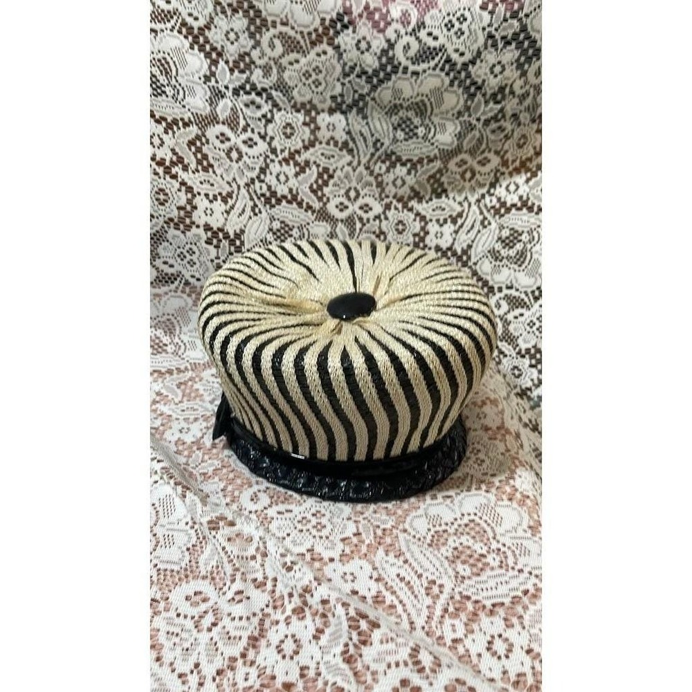 Dana Marle Pillbox Hat Womens OS Black Cream Good Vintage Striped Straw Bow